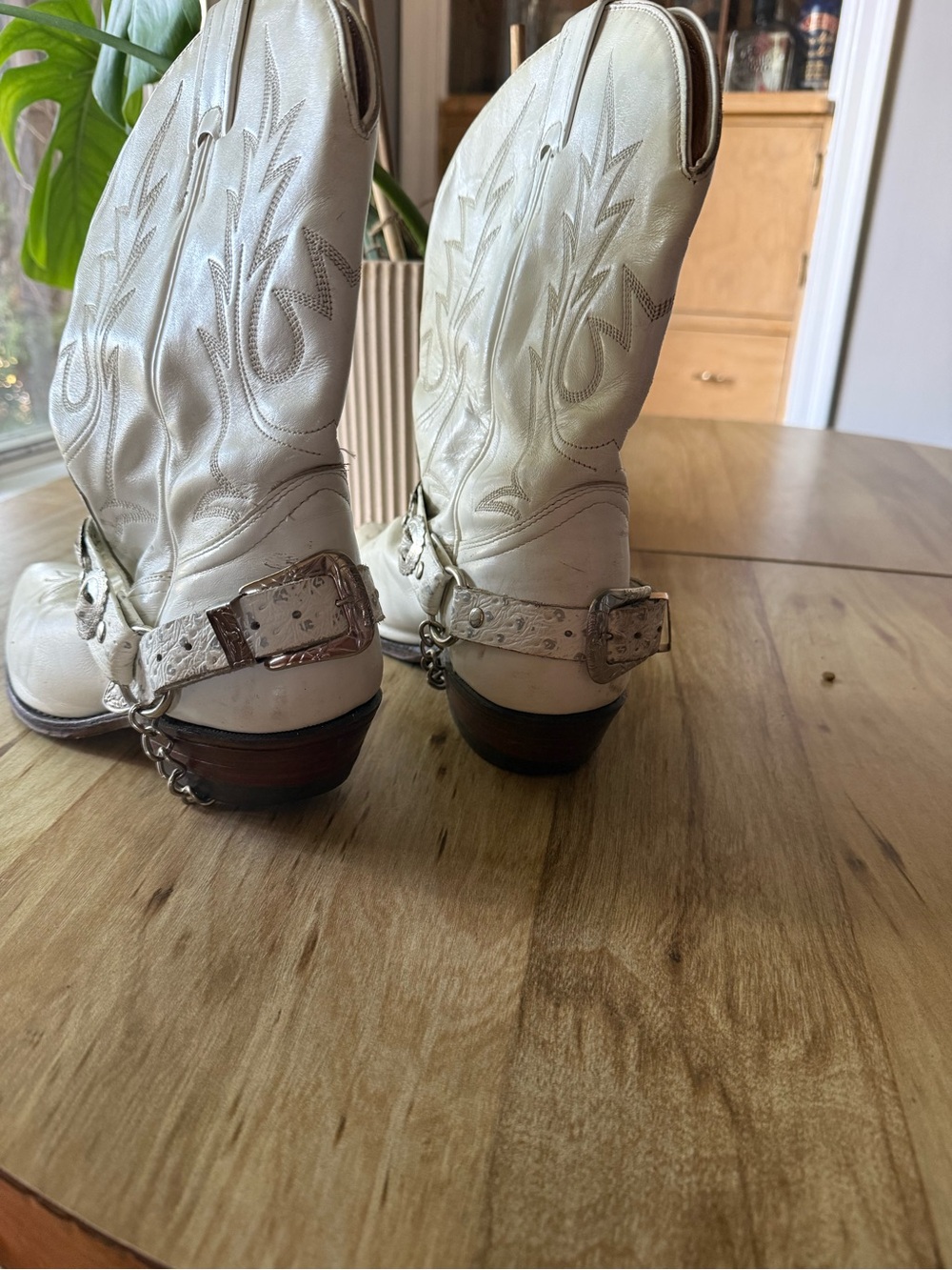 White Leather Cowboy Boots with Decorative Harness - Picture 3 of 6